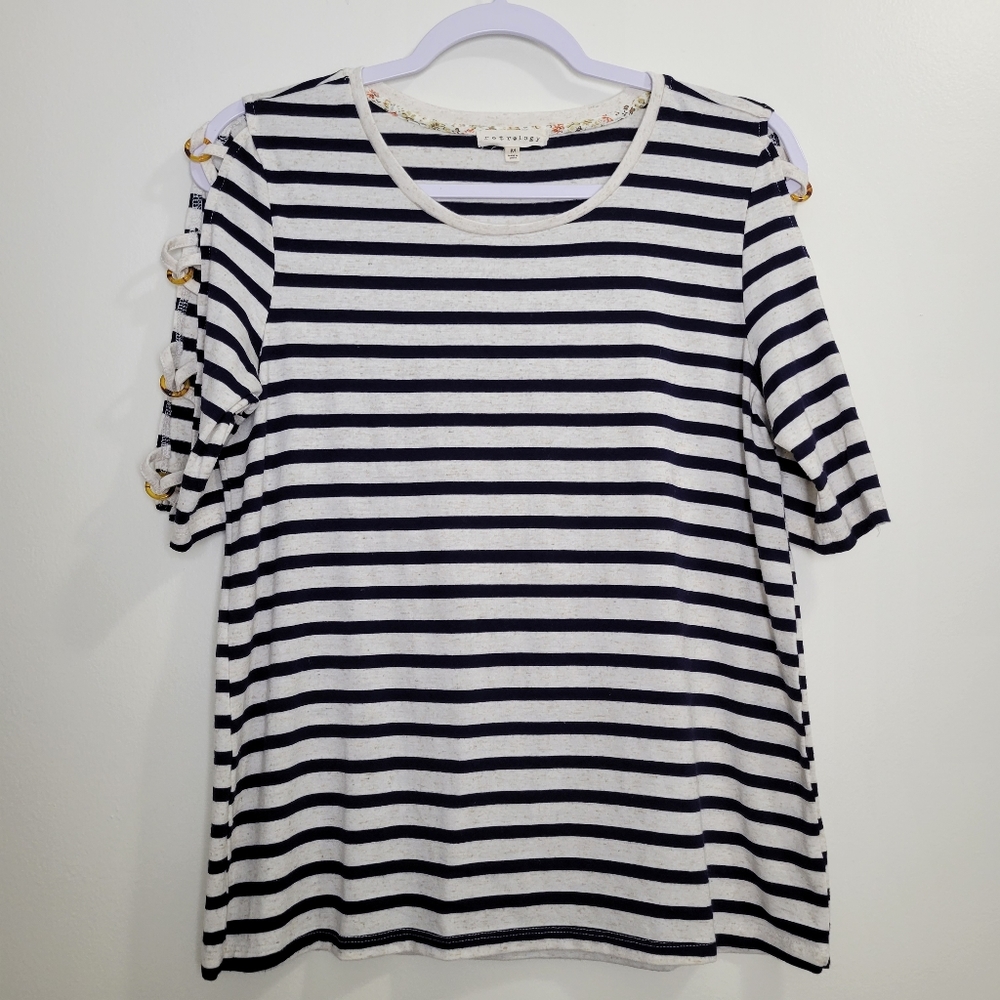 Retrology Marine Nautical Off white Navy Striped Bohemian Short Sleeve Tee M